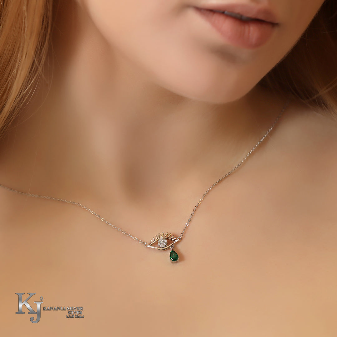 925 Sterling Silver Eyelash Evil Eye Necklace – Sparkling Zirconia Protection Pendant with Emerald Green Teardrop Drop