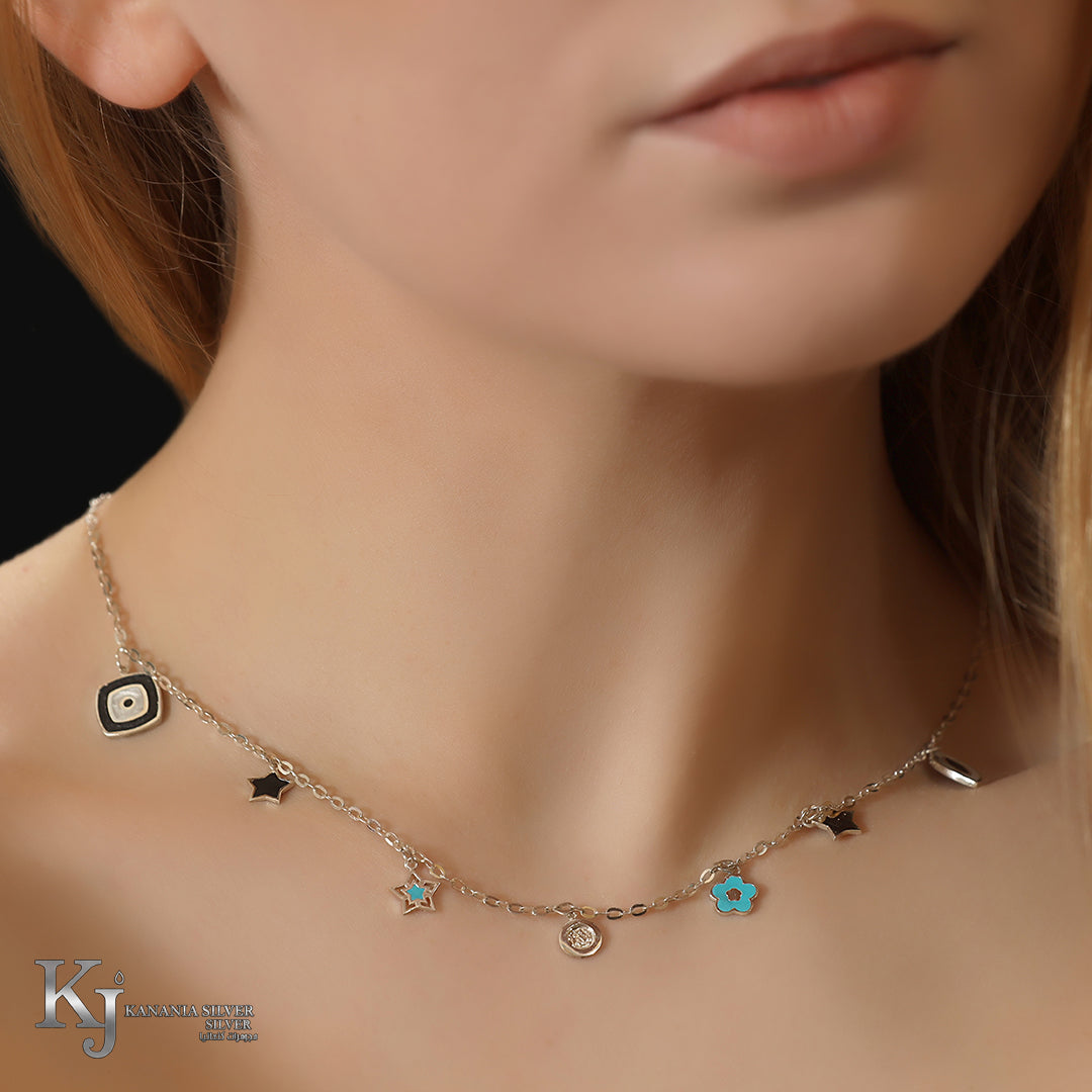925 Sterling Silver Multi-Charm Station Necklace – Turquoise & Black Enamel Evil Eye, Star, and Flower Choker