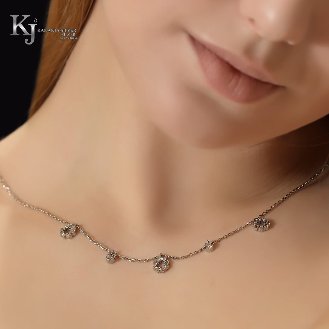 925 Sterling Silver Eternity Circle Station Necklace – Sparkling Zirconia Multi-Drop Halo Round Charm Choker