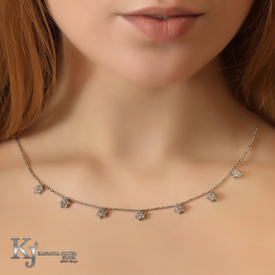 925 Sterling Silver Seven Cluster Flower Choker – Sparkling Zirconia Dainty Floral Multi-Drop Station Necklace