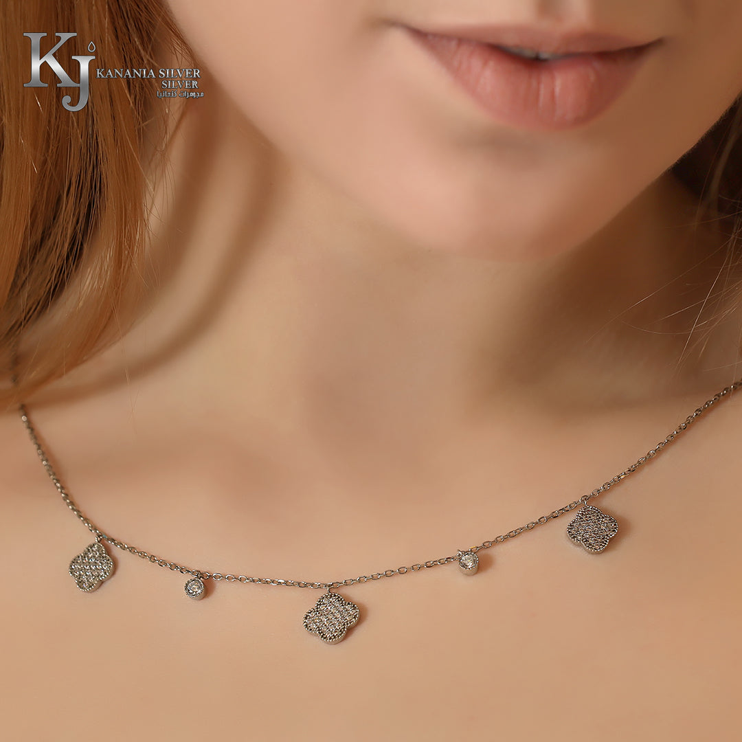 925 Sterling Silver Pavé Clover Station Necklace – Shimmering Zirconia Four-Leaf Lucky Charm & Solitaire Multi-Drop Choker