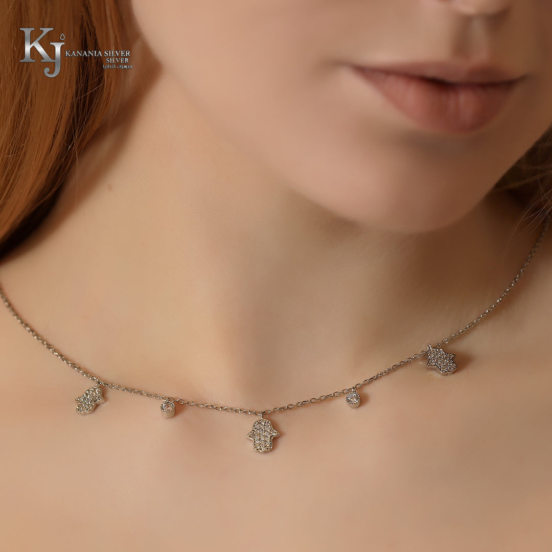 925 Sterling Silver Pavé Hamsa Hand Choker – Sparkling Zirconia & Solitaire Multi-Drop Protection Station Necklace
