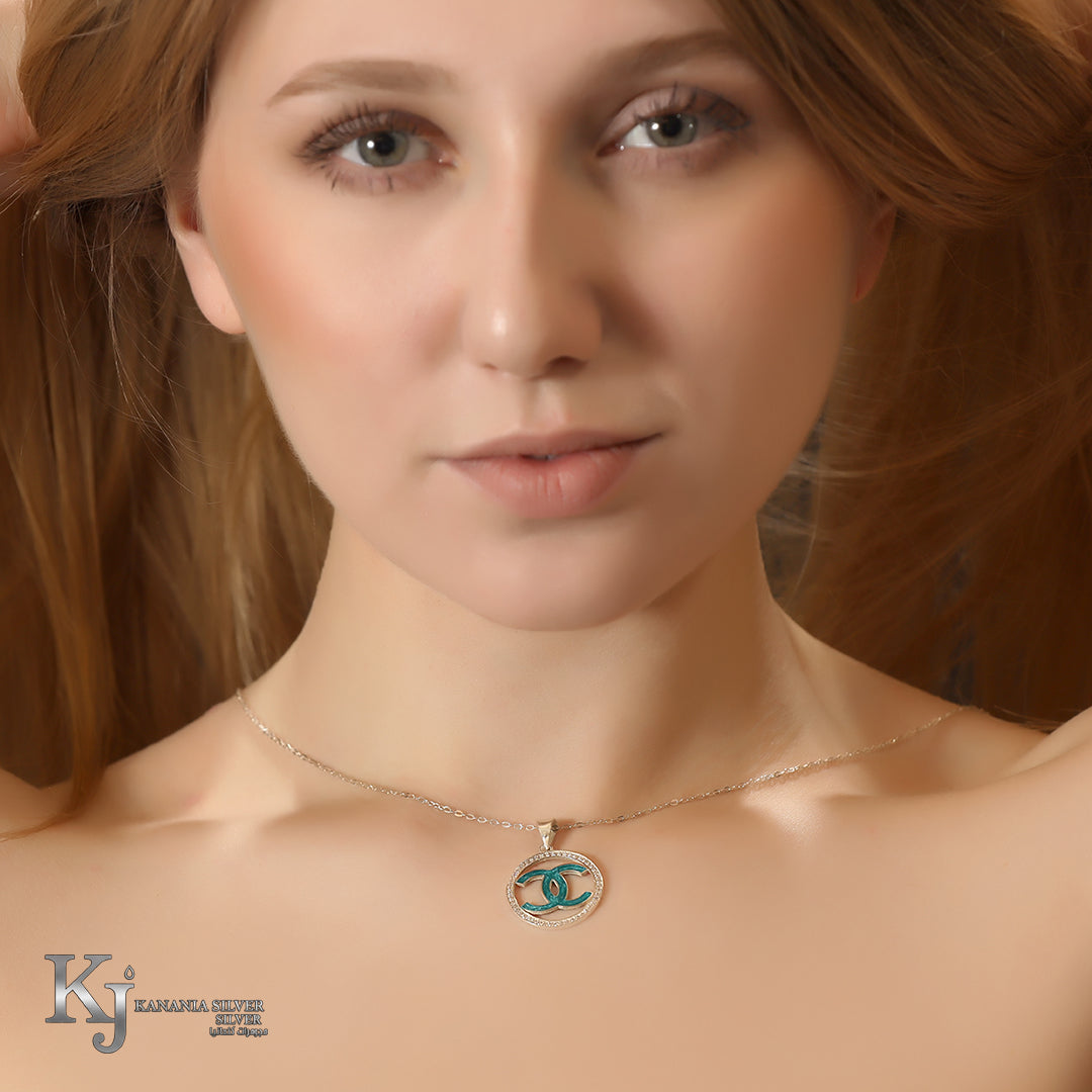 925 Sterling Silver Deep Turquoise Monogram Necklace – Shimmering Zirconia Halo Circular Logo Pendant