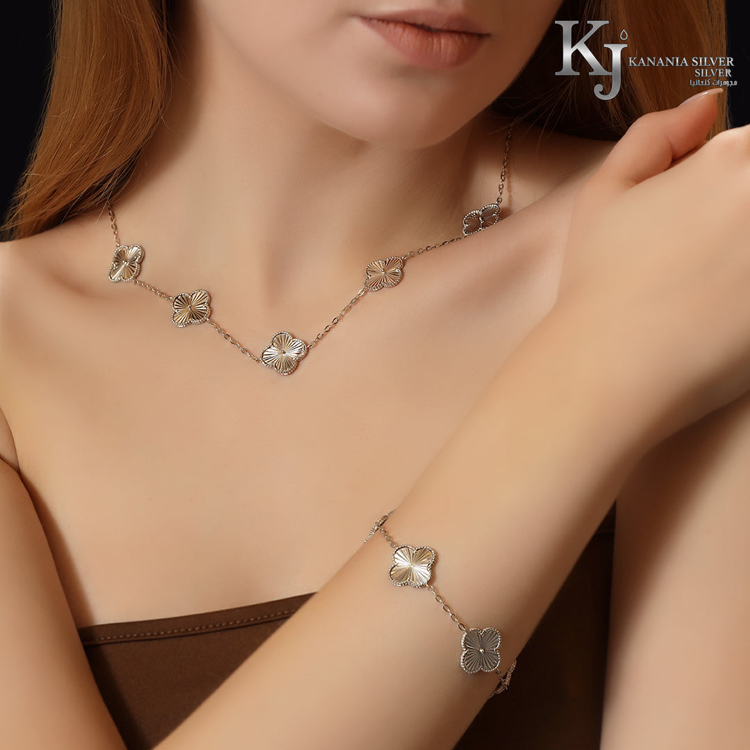 925 Sterling Silver Guilloché Clover Jewelry Set – Vintage Four-Leaf Lucky Station Necklace and Matching Bracelet Set