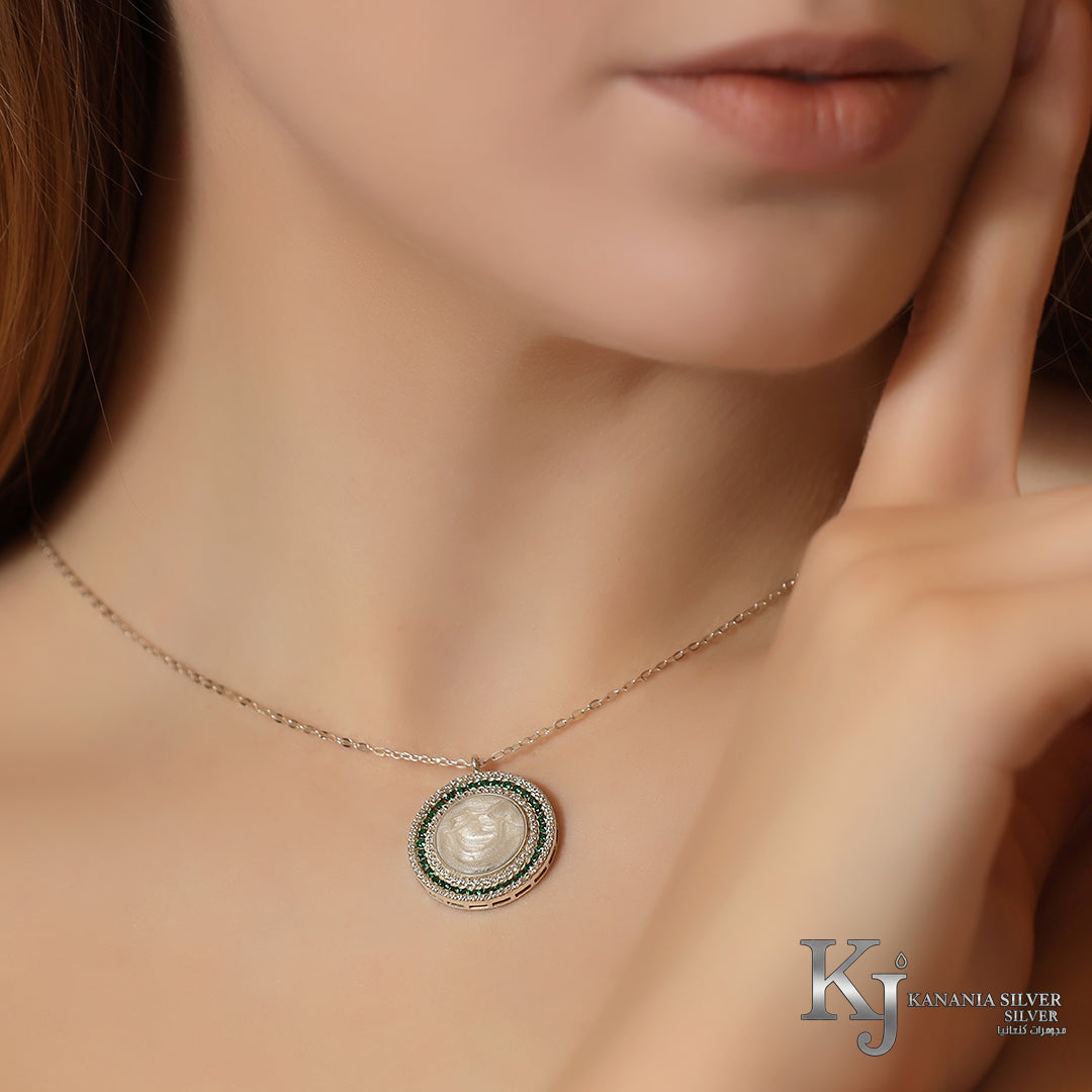 925 Sterling Silver Emerald Green Antique Coin Necklace – Sparkling Zirconia Dual-Halo Vintage Medallion Pendant