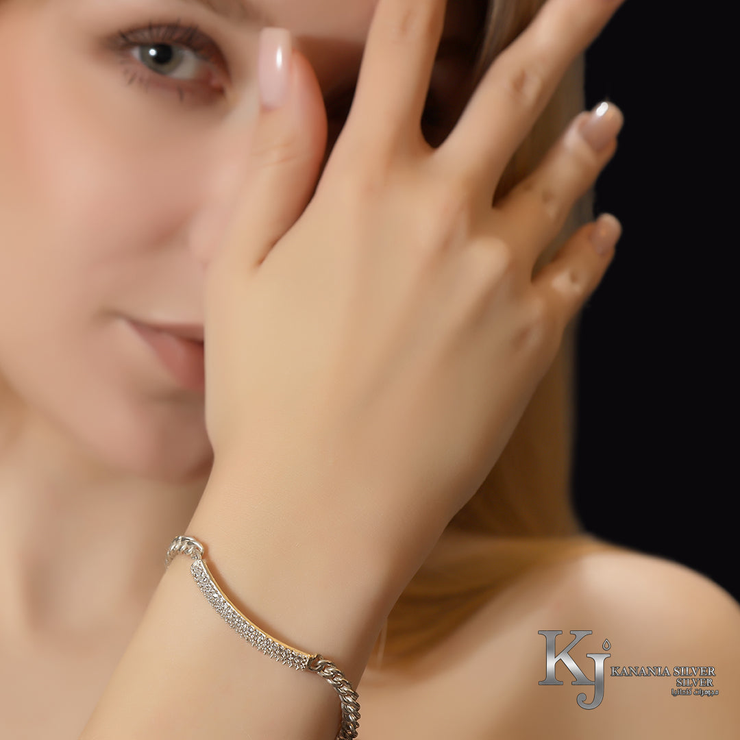 925 Sterling Silver Iced Out Curved Bar Bracelet – Sparkling Zirconia Pavé Chunky Curb Link Chain Statement Bangle