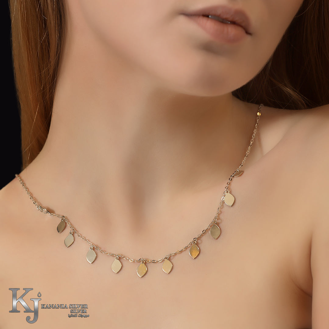 925 Sterling Silver Multi-Leaf Station Choker – High-Polish Dangling Tiny Marquise Leaf Charm Dainty Statement Necklace