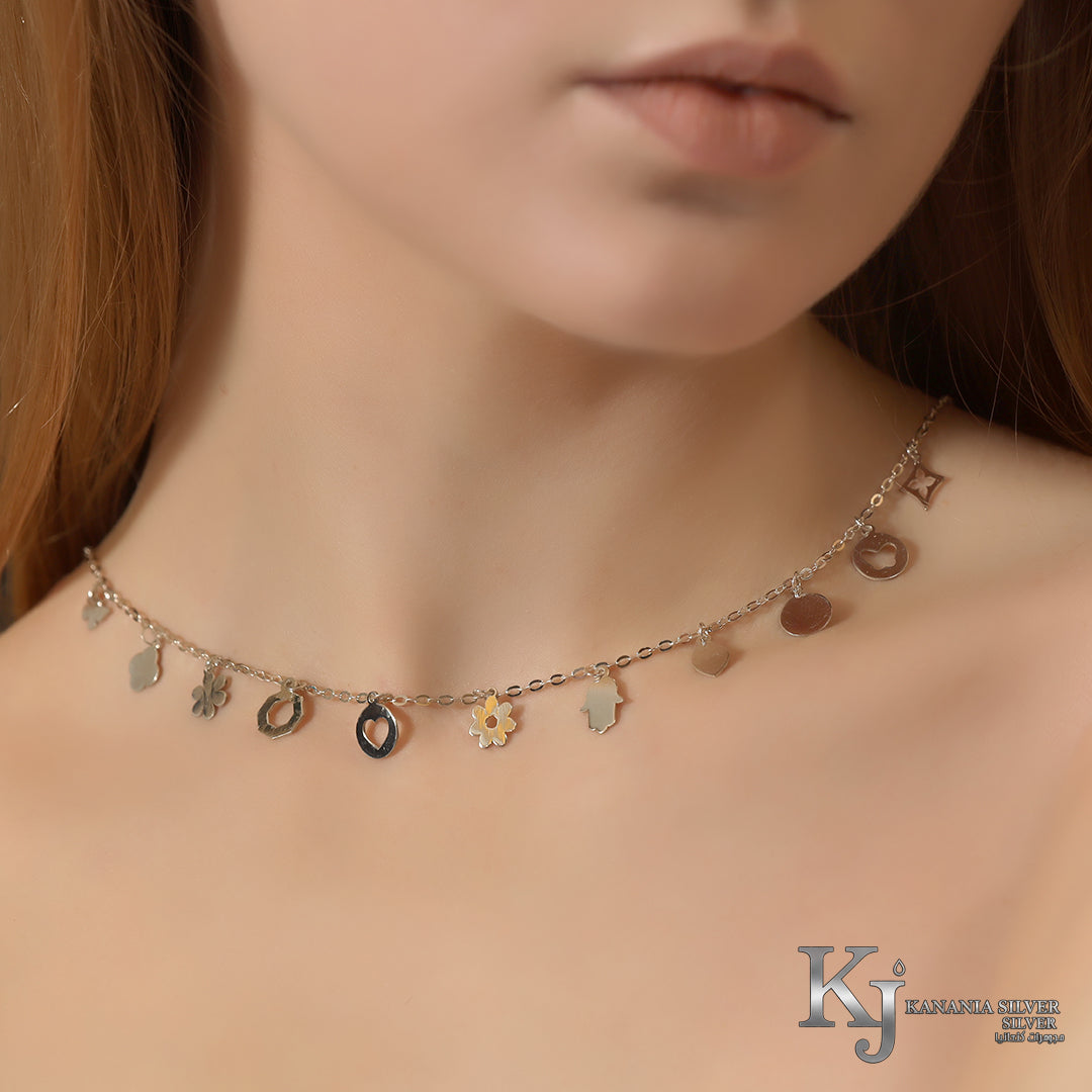 925 Sterling Silver Multi-Charm Mixed Icon Station Choker – High-Polish Dangling Heart, Hamsa Hand, Flower & Geometric Lucky Tokens Dainty Necklace