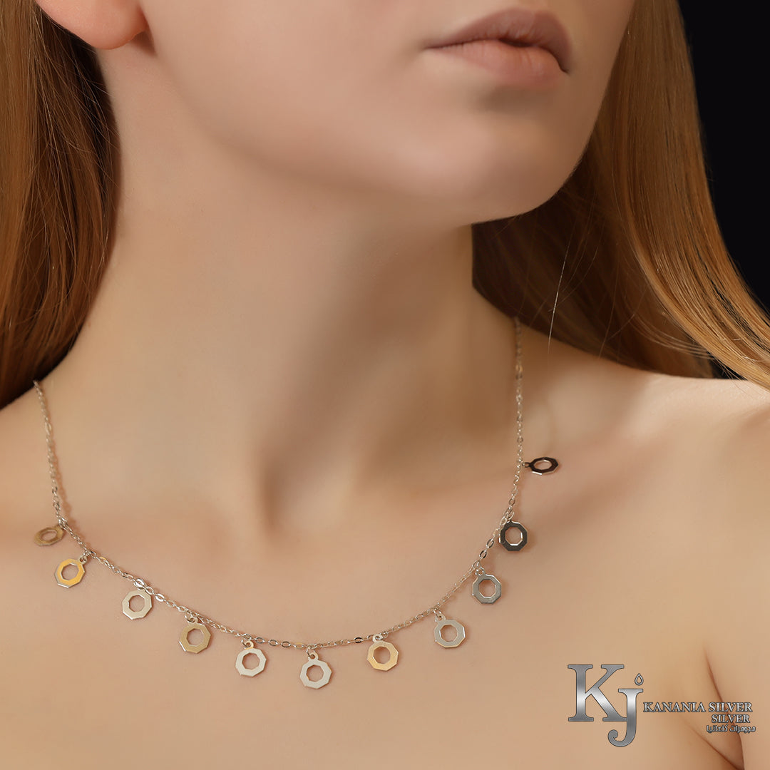 925 Sterling Silver Multi-Octagon Station Choker – High-Polish Dangling Tiny Geometric Open Ring Charm Dainty Necklace