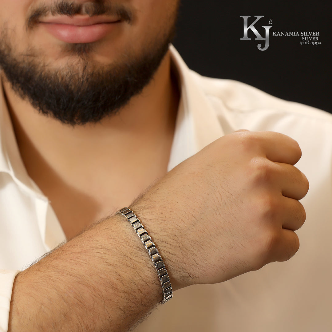 925 Sterling Silver Men’s Textured Box Link Bracelet – Oxidized Industrial Geometric Mesh Block Heavy Masculine Wrist Statement Jewelry