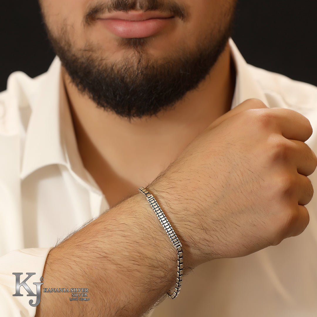 925 Sterling Silver Men’s Mid-Slim Rectangle Box Link Bracelet – Oxidized Industrial Geometric Block Track Masculine Wrist Jewelry