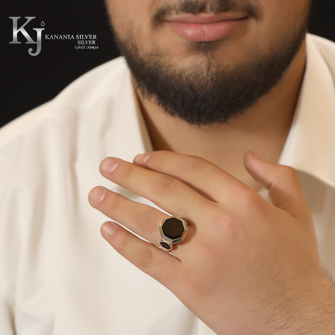 925 Sterling Silver Men’s Octagonal Black Agate Ring – Modern Flat-Cut Hexagon Onyx Stone High-Polish Geometric Masculine Signet Ring