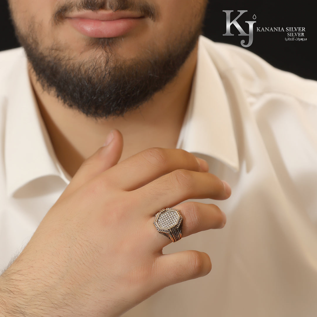 925 Sterling Silver Men’s Hexagonal Paved CZ Ring – Luxury Sided Geometric Iced-Out Diamond White Stone Oxidized Masculine Signet Ring