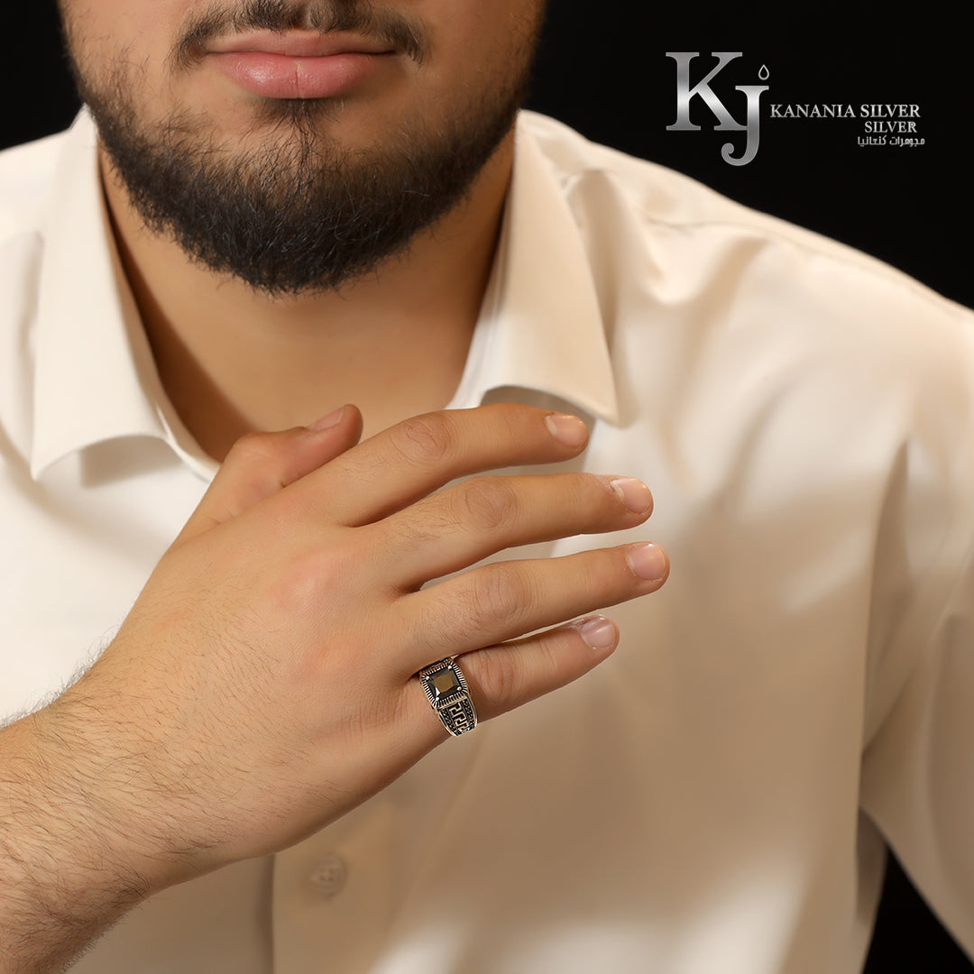 925 Sterling Silver Men’s Square Faceted Black Agate Ring – Luxury Pyramid-Cut Onyx Greek Key Engraved Oxidized Masculine Signet Ring