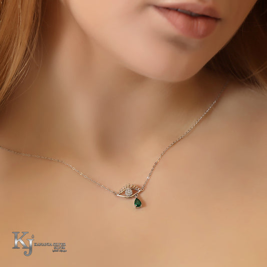 925 Sterling Silver Eyelash Evil Eye Necklace – Sparkling Zirconia Protection Pendant with Emerald Green Teardrop Drop