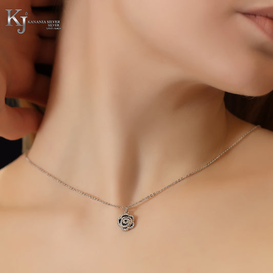 925 Sterling Silver Sparkling Rose Necklace – Dainty Camellia Flower Pendant with Radiant Zirconia Petals