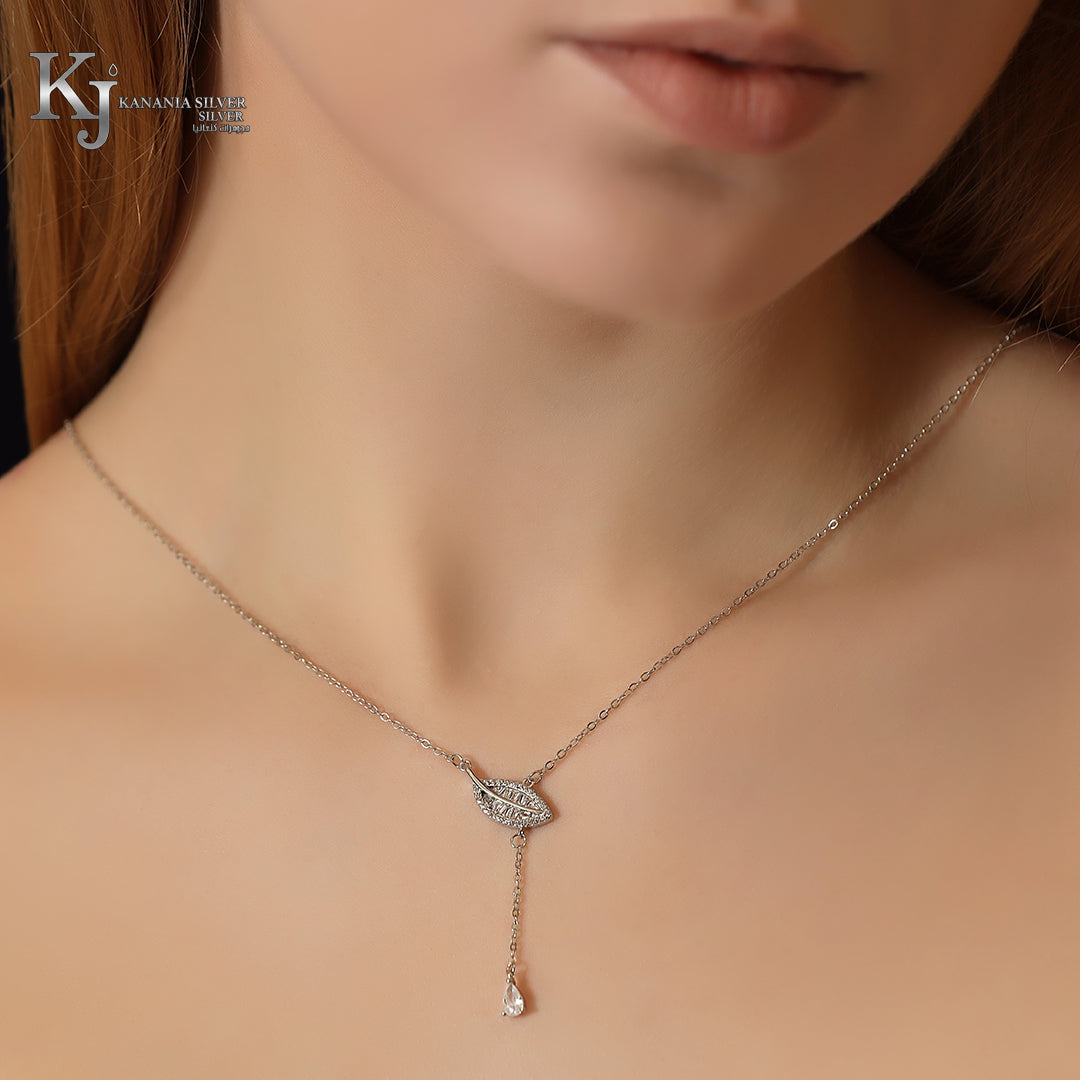 925 Sterling Silver Horizontal Leaf Y-Necklace – Shimmering Zirconia Botanical Pendant with Elegant Teardrop Drip