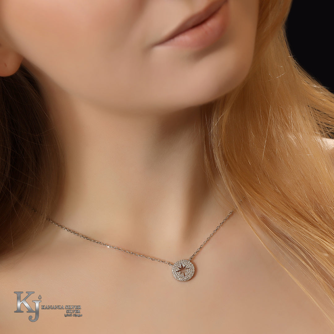 925 Sterling Silver North Star Compass Necklace – Sparkling Zirconia Round Disc Celestial Pendant