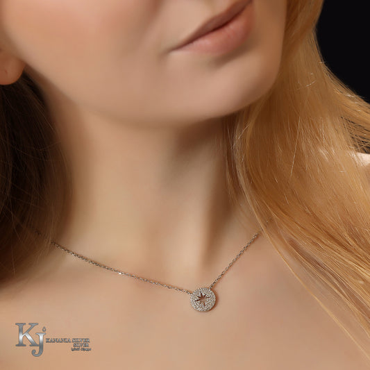 925 Sterling Silver North Star Compass Necklace – Sparkling Zirconia Round Disc Celestial Pendant