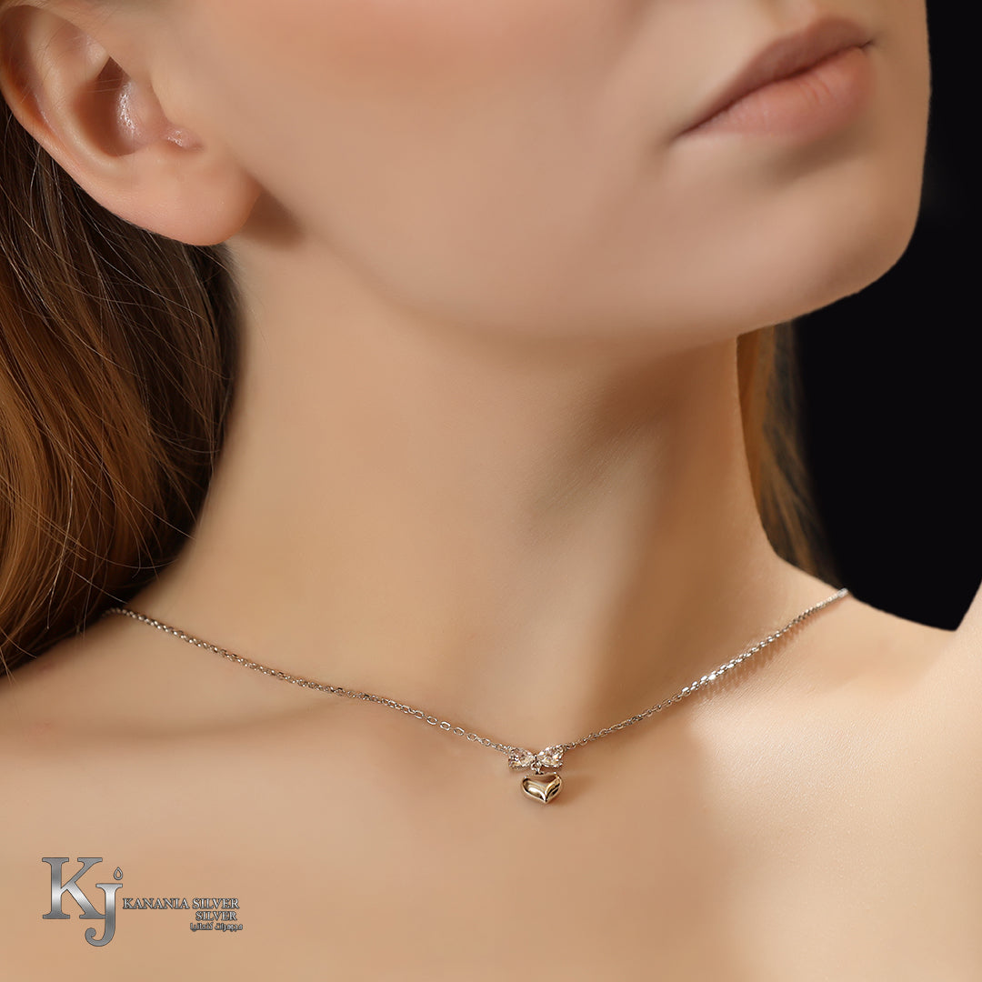 925 Sterling Silver Dainty Bow Heart Necklace – Sparkling Zirconia Bowknot Pendant with Polished 3D Heart Drop