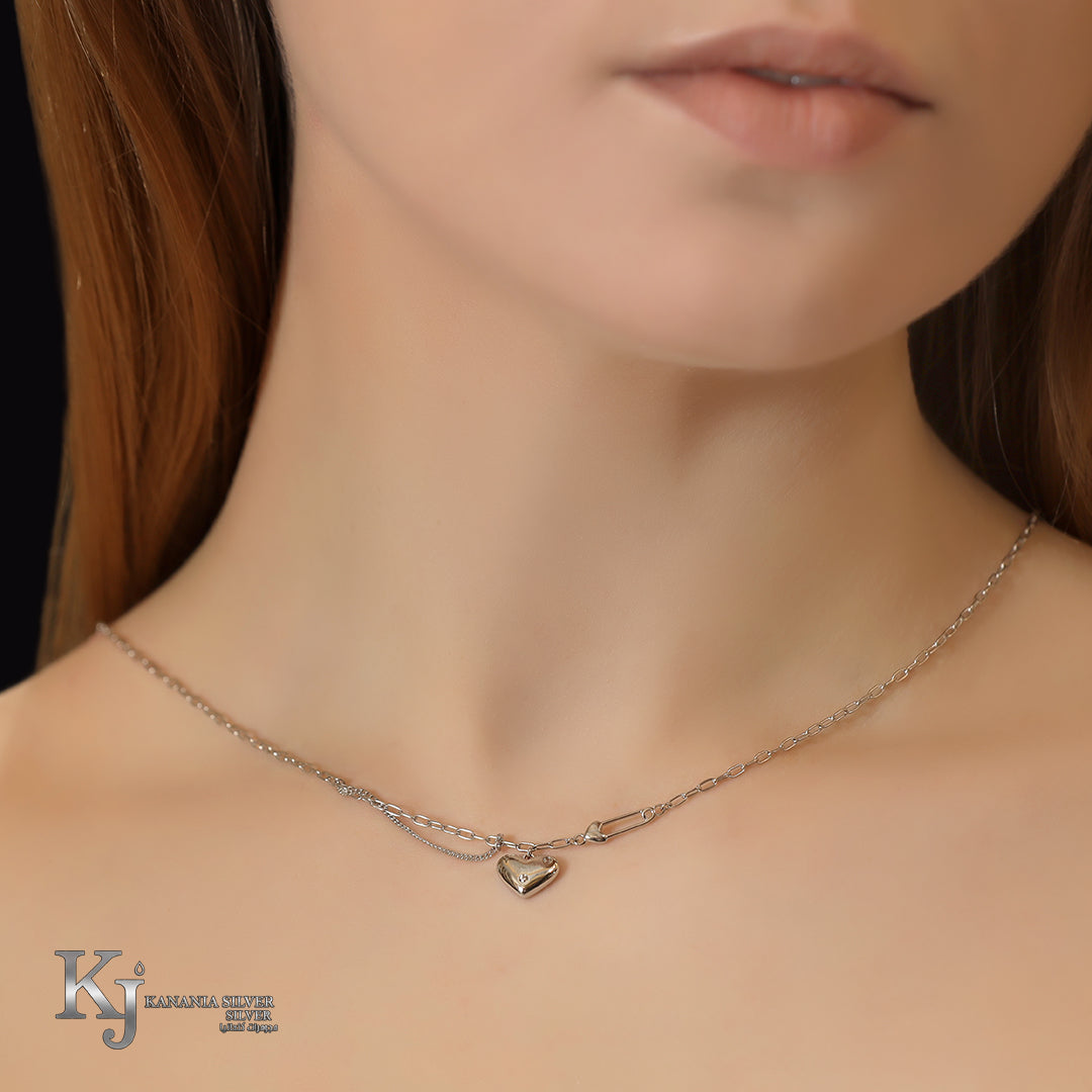 925 Sterling Silver Asymmetrical Paperclip Heart Necklace – Safety Pin & Polished 3D Puffy Heart Pendant