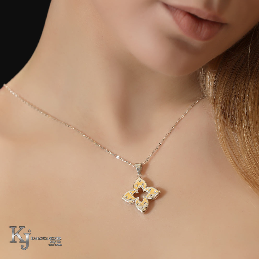 925 Sterling Silver Vintage Quatrefoil Pendant Necklace – Pastel Yellow Enamel Monogram Flower with Sparkling Zirconia