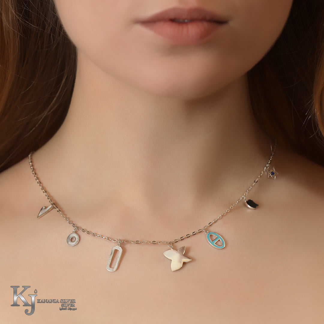 925 Sterling Silver Multi-Shape Charm Choker – Turquoise Enamel & Asymmetrical Geometric Station Necklace