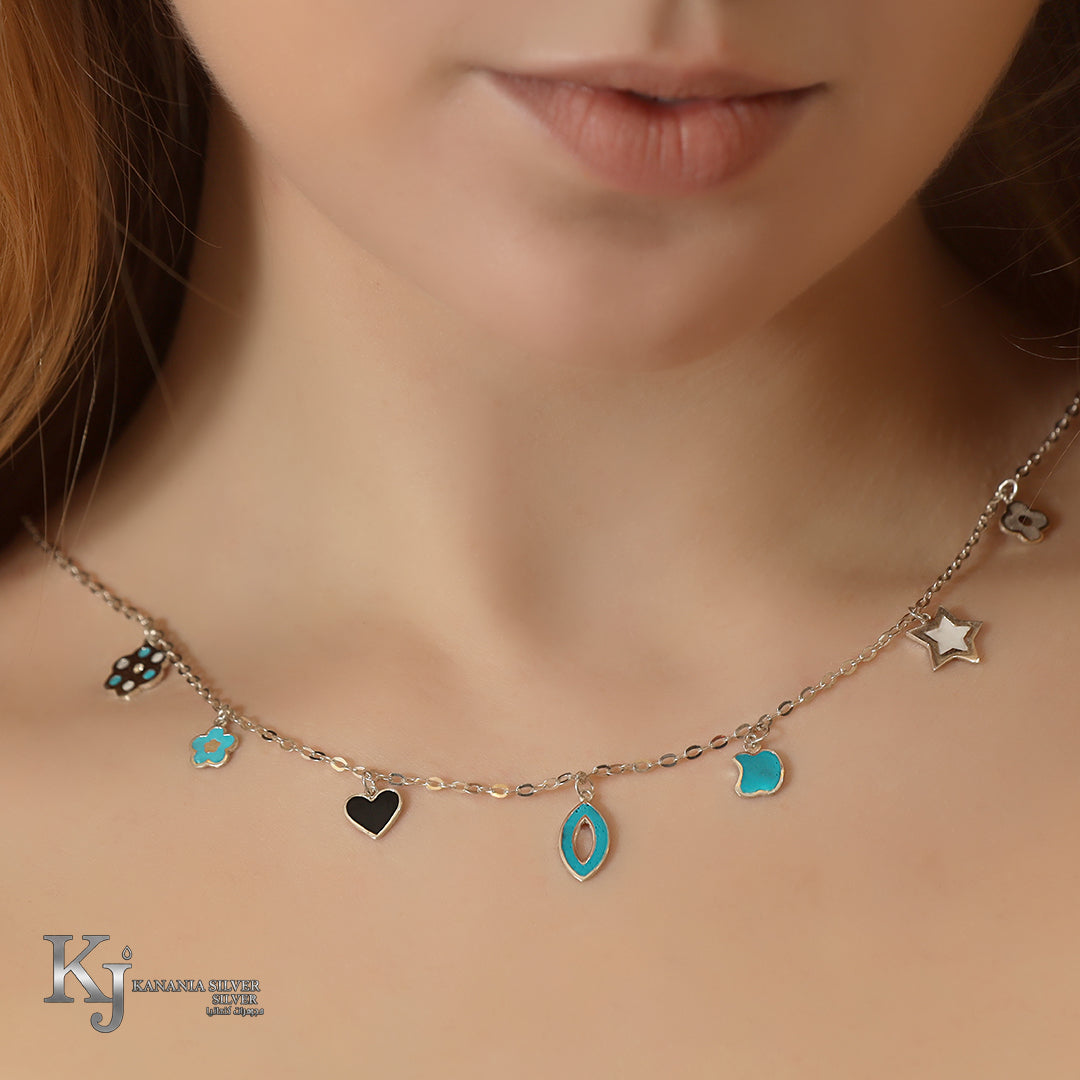 925 Sterling Silver Multi-Charm Choker – Turquoise & Black Enamel Evil Eye, Heart, Star, and Apple Station Necklace