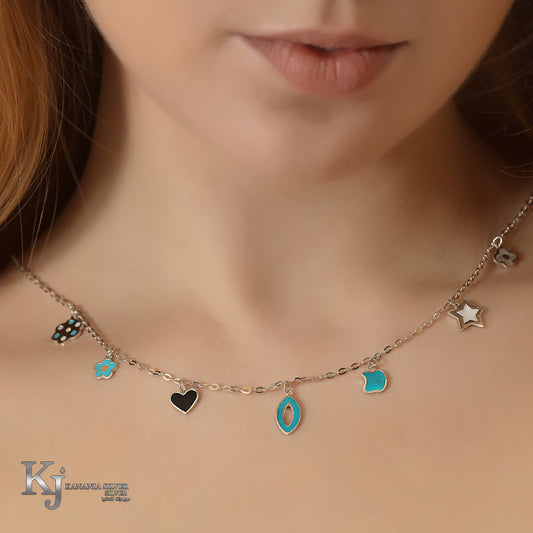 925 Sterling Silver Multi-Charm Choker – Turquoise & Black Enamel Evil Eye, Heart, Star, and Apple Station Necklace