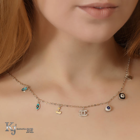 925 Sterling Silver Multi-Charm Choker – White Enamel Monogram Logo, Gold Cherry, and Multi-Color Evil Eye Station Necklace