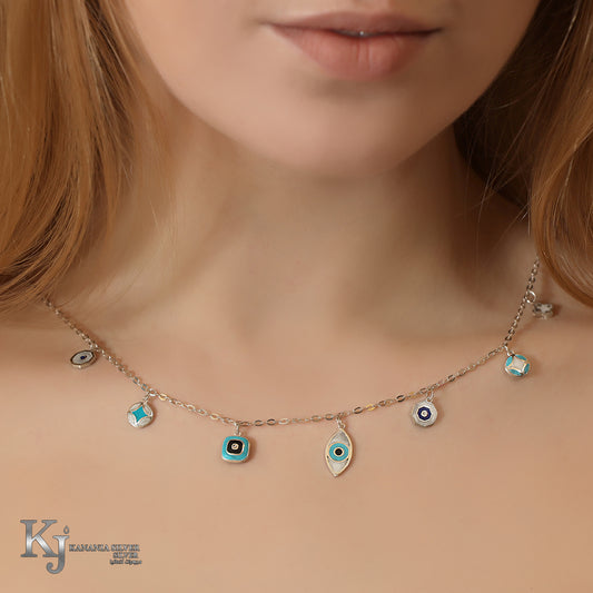 925 Sterling Silver Multi-Shape Evil Eye Choker – Turquoise & Navy Enamel Geometric Protection Station Necklace