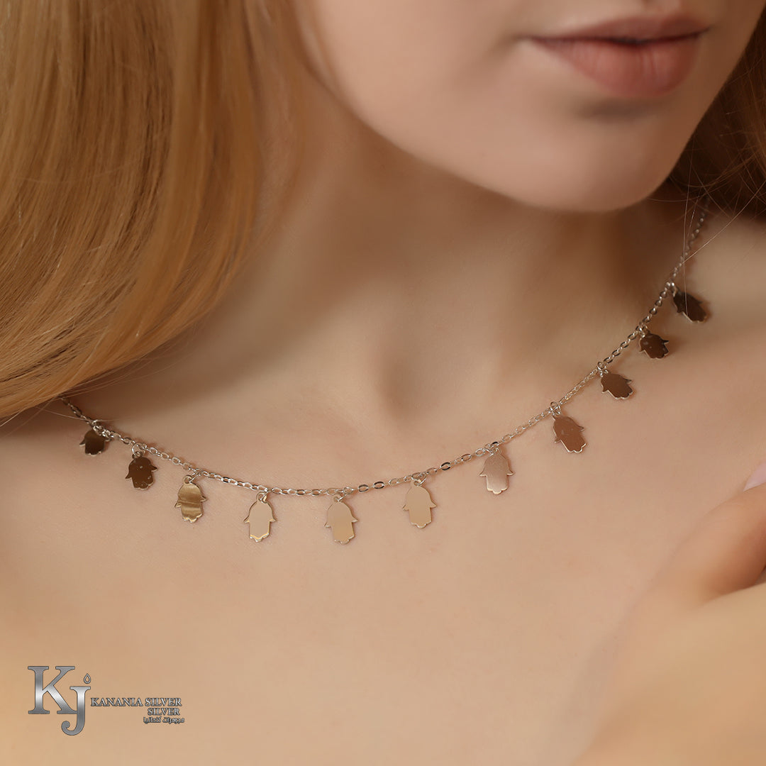 925 Sterling Silver Multi-Hamsa Hand Choker – Polished Khamsa Charm Protection Station Necklace