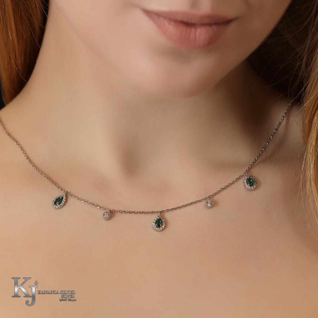 925 Sterling Silver Emerald Green Teardrop Halo Necklace – Shimmering Zirconia Multi-Drop Luxury Station Chain