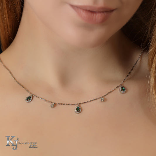 925 Sterling Silver Emerald Green Teardrop Halo Necklace – Shimmering Zirconia Multi-Drop Luxury Station Chain