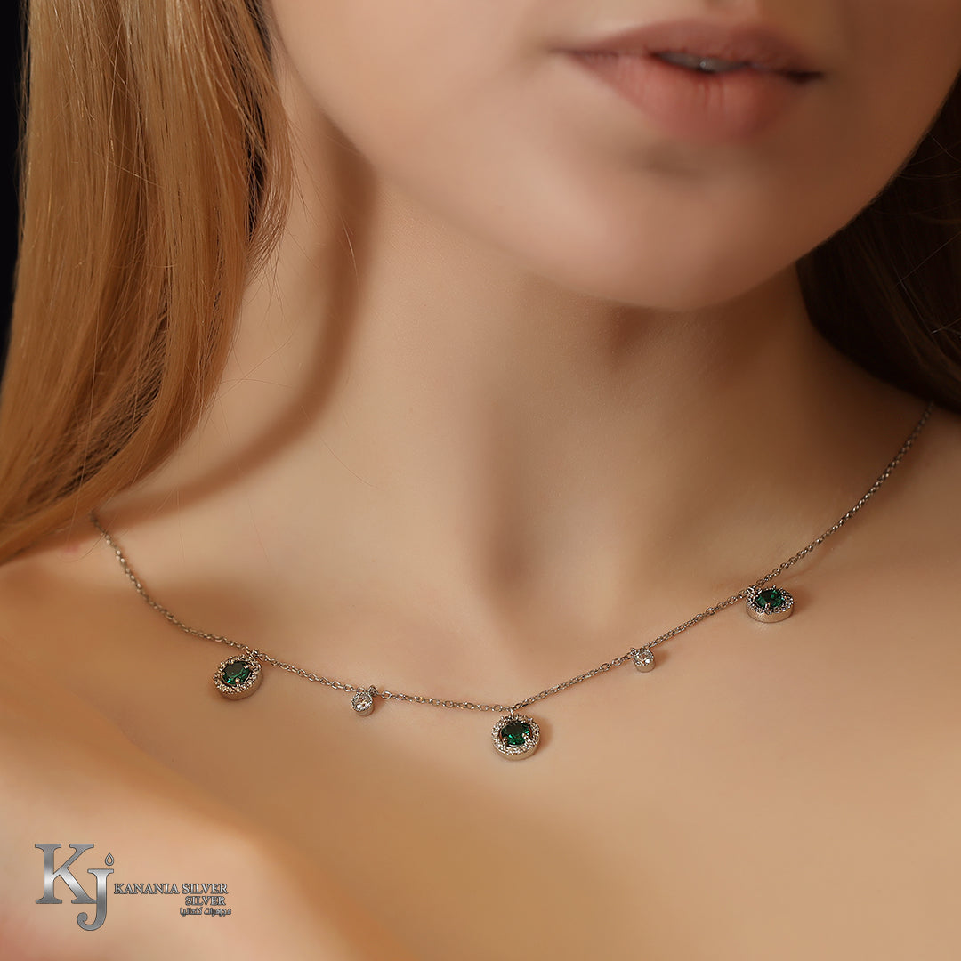 925 Sterling Silver Round Emerald Green Halo Necklace – Sparkling Zirconia Multi-Drop Luxury Station Chain