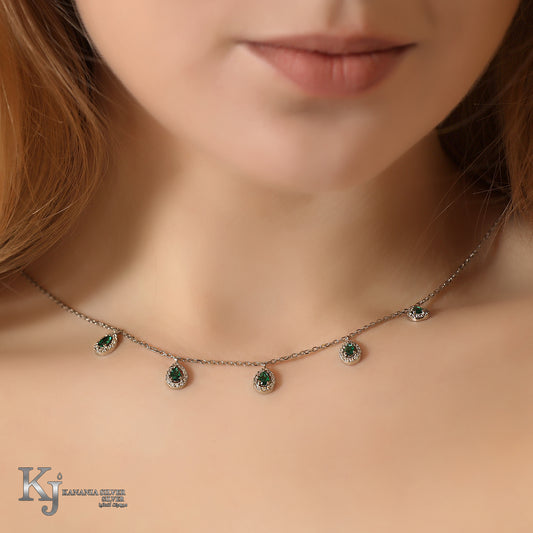 925 Sterling Silver Five Emerald Teardrop Halo Choker – Sparkling Zirconia Multi-Drop Green Gemstone Station Necklace