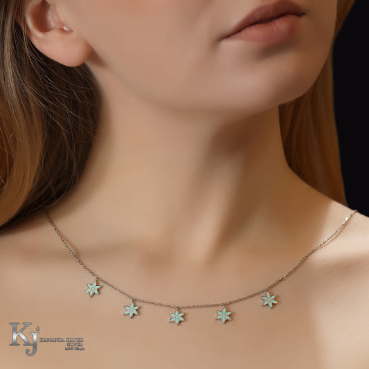 925 Sterling Silver Tiffany Mint Enamel Flower Choker – Pastel Daisy Floral Multi-Drop Station Necklace