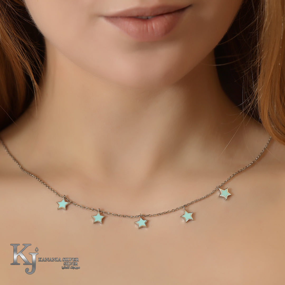 925 Sterling Silver Tiffany Mint Enamel Star Choker – Pastel Celestial Multi-Drop Shimmering Station Necklace