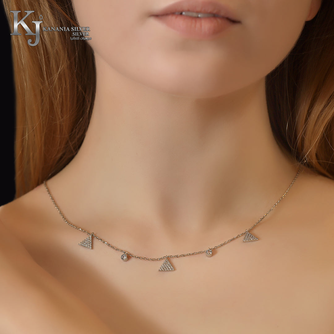 925 Sterling Silver Pavé Triangle Station Necklace – Sparkling Zirconia Geometric Charm & Solitaire Multi-Drop Choker