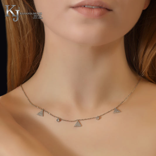 925 Sterling Silver Pavé Triangle Station Necklace – Sparkling Zirconia Geometric Charm & Solitaire Multi-Drop Choker