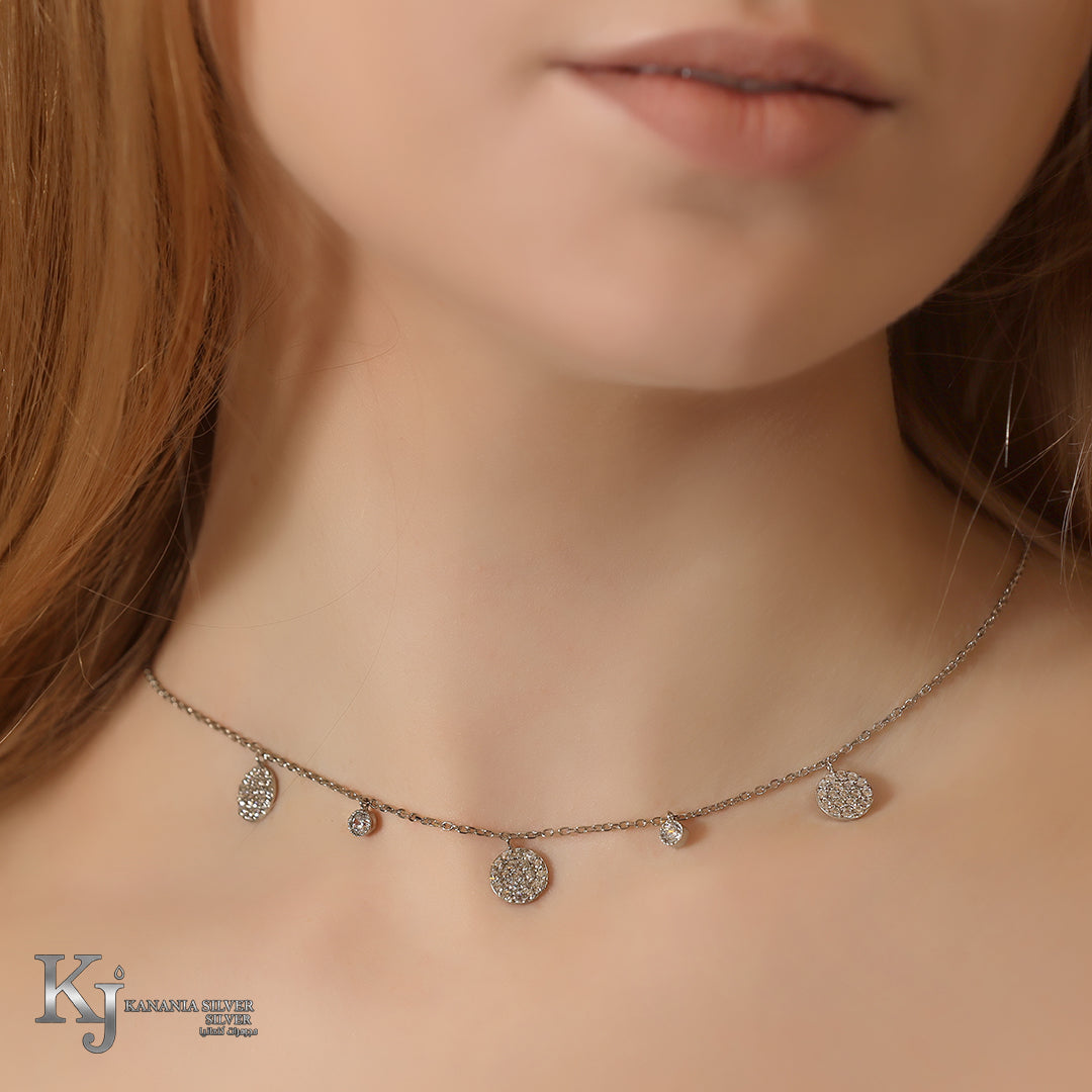 925 Sterling Silver Pavé Disc Choker – Sparkling Zirconia Round Charm & Solitaire Multi-Drop Station Necklace