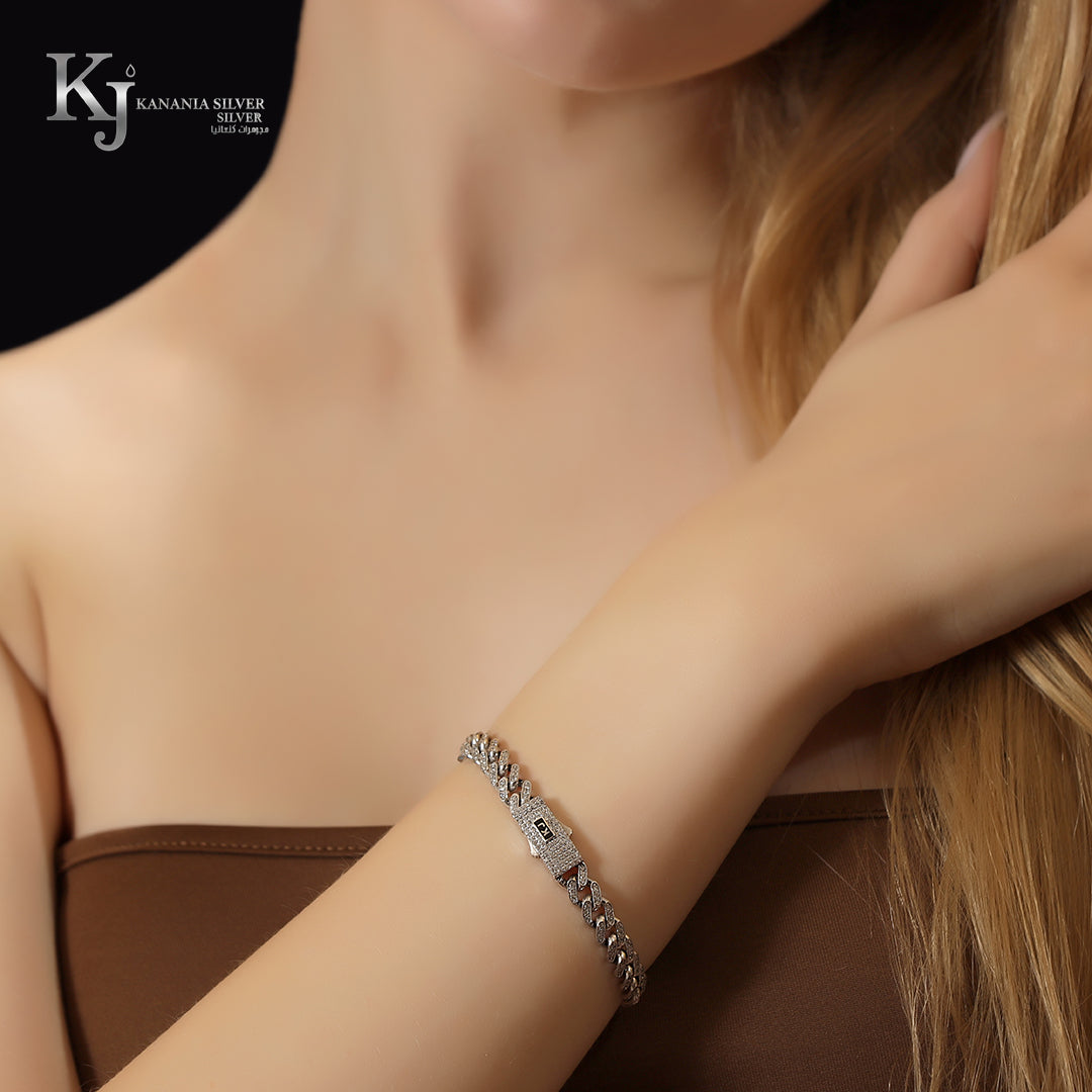 925 Sterling Silver Fully Iced Out Cuban Link Bracelet – Shimmering Zirconia Miami Curb Chain with Custom Brand Logo Box Clasp