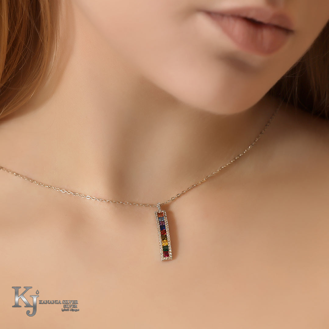 925 Sterling Silver Rainbow Vertical Bar Necklace – Multi-Color Zirconia Geometric Halo Pendant with Shimmering Crystals