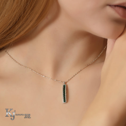 925 Sterling Silver Emerald Green Vertical Bar Necklace – Shimmering Zirconia Geometric Halo Pendant with Clear Crystals