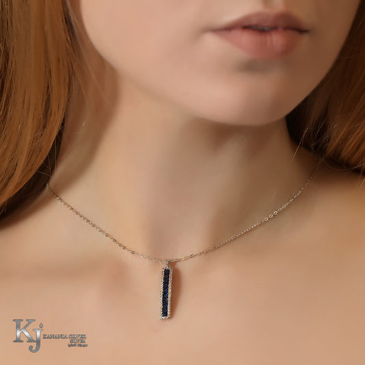 925 Sterling Silver Sapphire Blue Vertical Bar Necklace – Shimmering Zirconia Geometric Halo Pendant with Clear Crystals