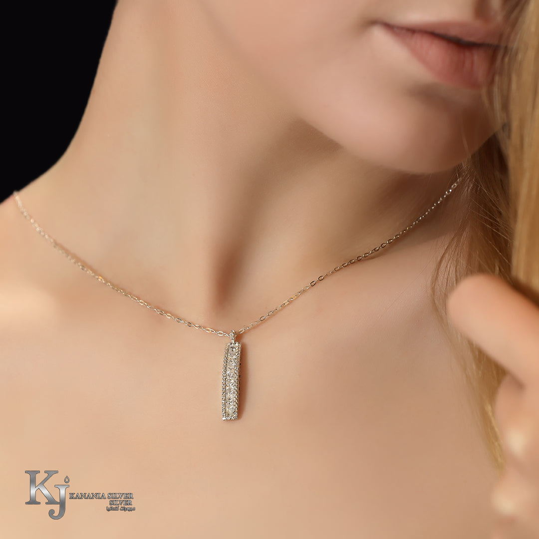 925 Sterling Silver Classic White Zirconia Vertical Bar Necklace – Shimmering Clear Crystal Geometric Halo Pendant