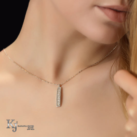925 Sterling Silver Classic White Zirconia Vertical Bar Necklace – Shimmering Clear Crystal Geometric Halo Pendant