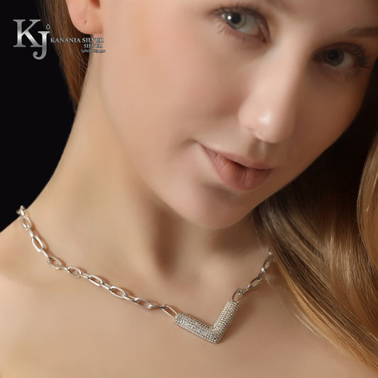 925 Sterling Silver Iced Out Essential V Necklace – Sparkling Zirconia Pavé Geometric Chevron Paperclip Link Chain