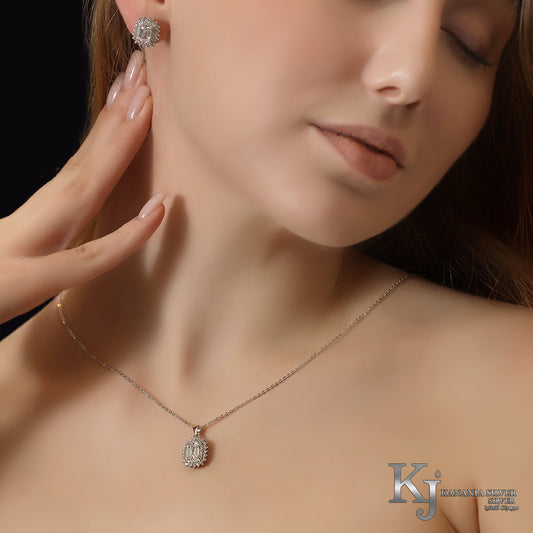 925 Sterling Silver Baguette Halo Jewelry Set – Sparkling Emerald-Cut Zirconia Luxury Necklace and Matching Stud Earrings Set