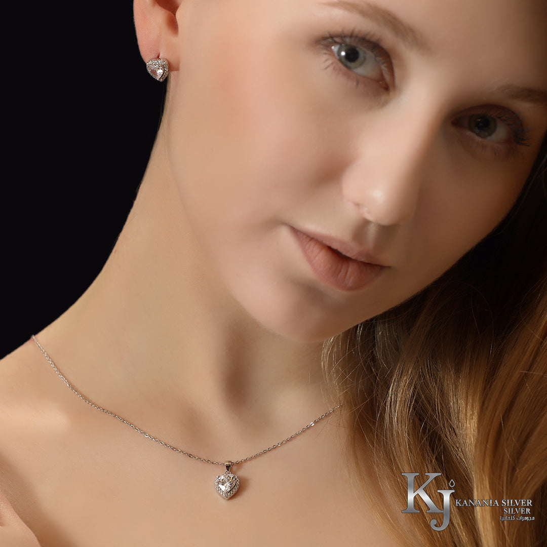 925 Sterling Silver Heart Halo Jewelry Set – Sparkling Heart-Cut Zirconia Solitaire Necklace and Matching Stud Earrings Set